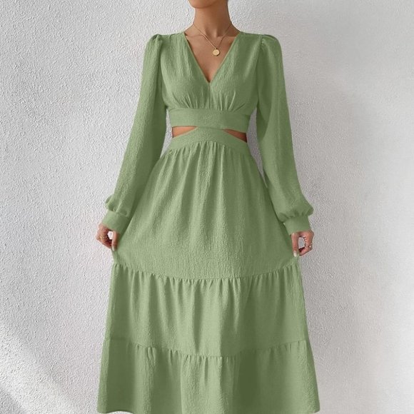 Cut Out Waist Lantern Sleeve Ruffle Hem green Dress maxi - Picture 4 of 5